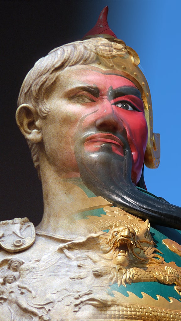 A collage that melds images of a statue of Emperor Augustus Caesar with a statue of a Chinese warrior.