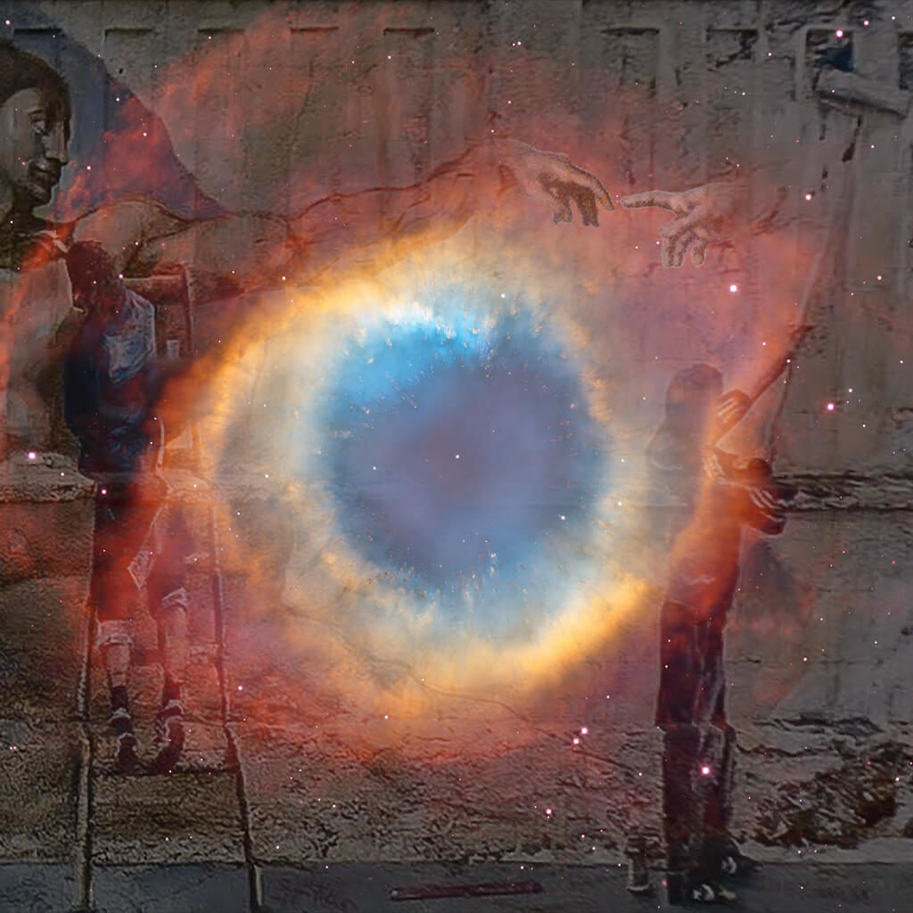 A collage that mixes the astronomic photo "The Helix Nebula" with painters painting a rendition of "The Creation of Adam".