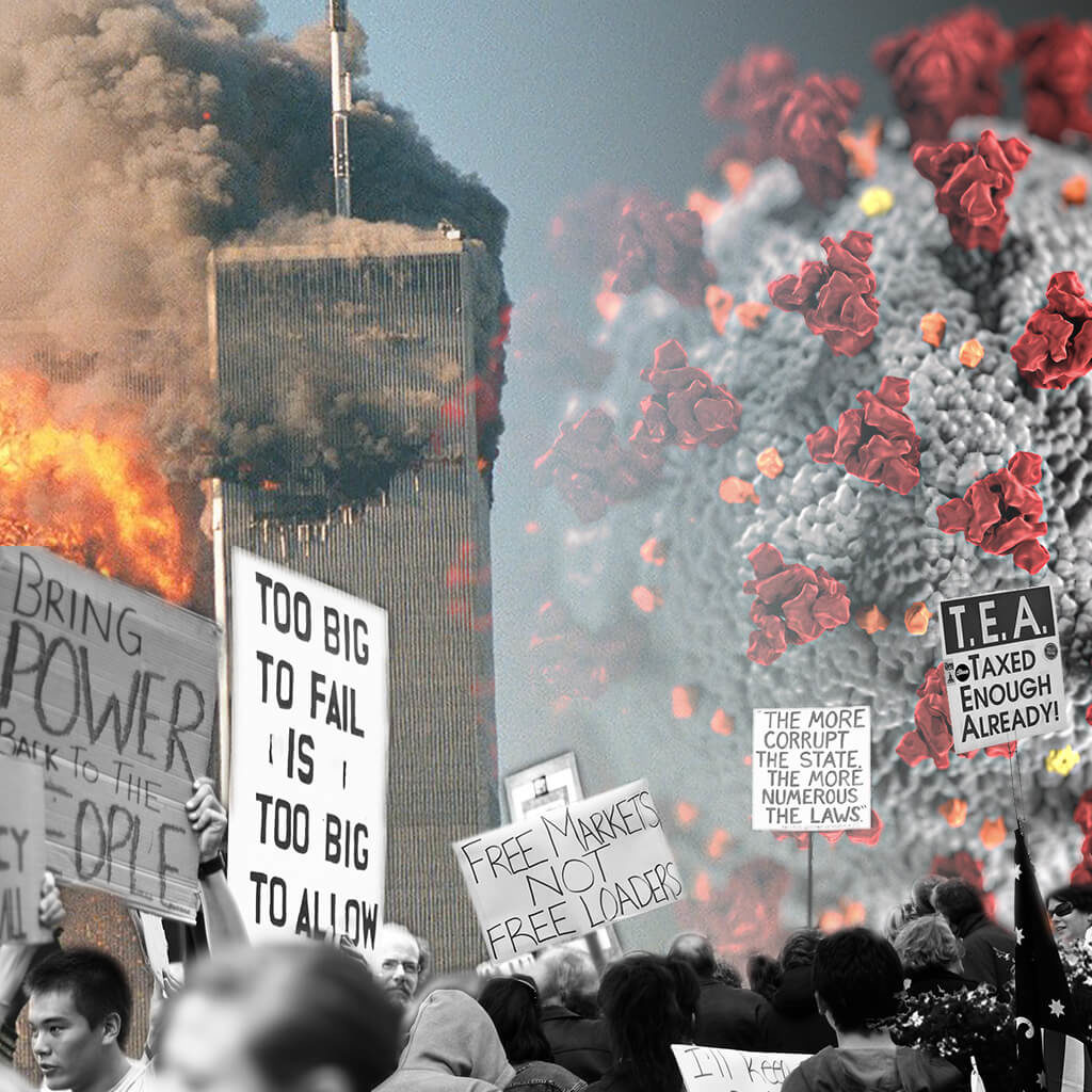 A collage that mixes images of September 11th, protests from the Great Recession, and a microscopic image of coronavirus.