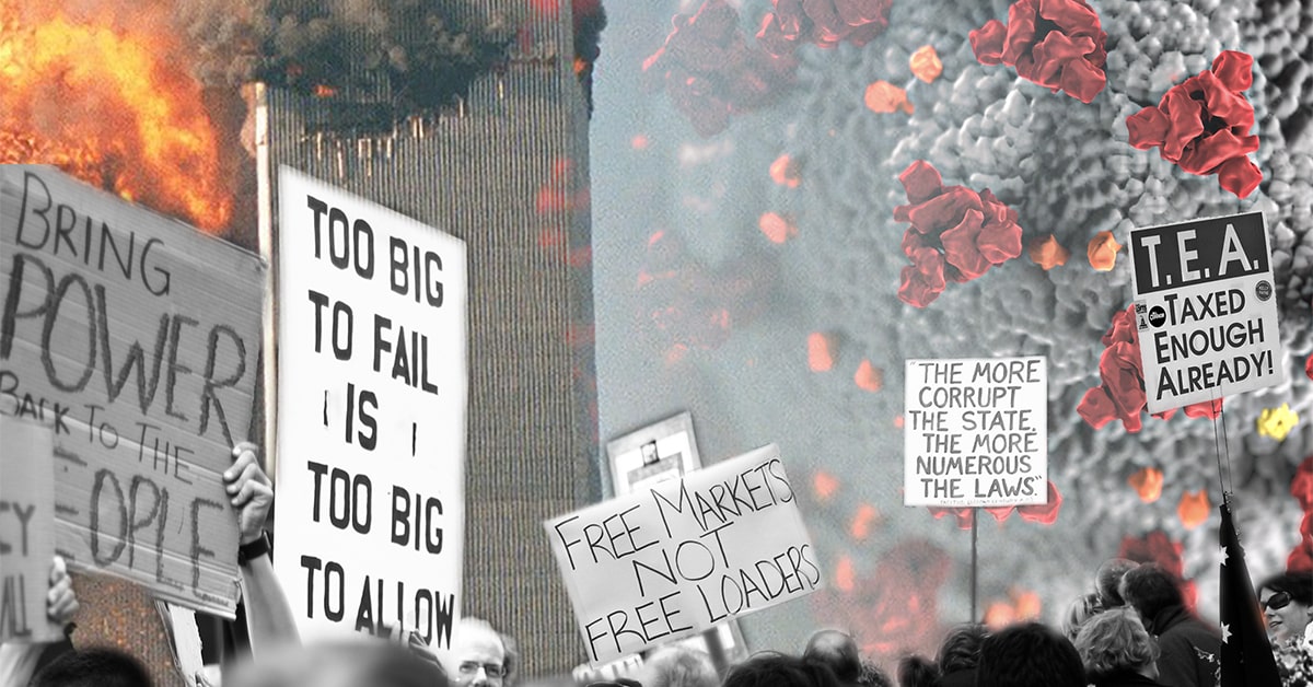 A collage that melds images of the World Trade Center on fire on 9/11, the Occupy/Tea Party protests of the Great Recession, and a microscopic image of coronavirus from the COVID-19 pandemic.