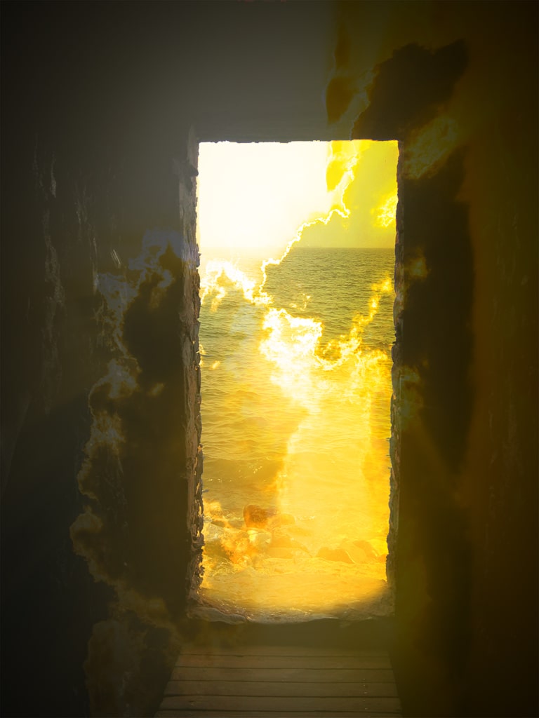 A collage that melds a photo of a doorway looking out to the sea with clouds and crepuscular rays.