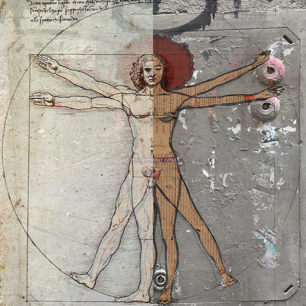 A collage that mixes Leonardo da Vinci's "Vitruvian Man" with a female version of the same image.