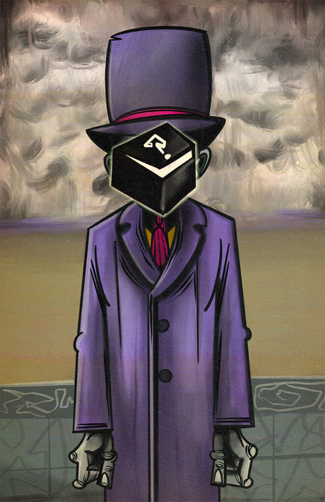 A human figure with a "mystery box" blocking their face. A spoof of René Magritte's "The Son of Man" with the apple replaced by a "mystery box".