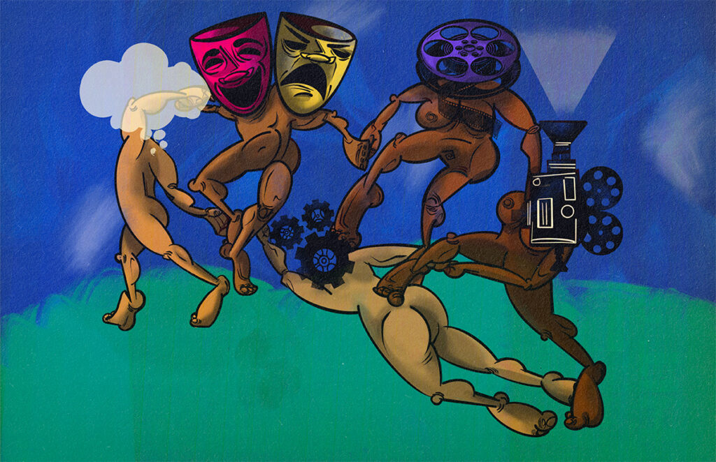 Five figures dancing in a circle. From left to right, the first figure has a thought bubble for their head, the second figure has a happy-sad drama face for their head, the third figure has a tape reel for their head, the fourth figure has a film projector for their head, and the fifth figure has interlocked gears for their head. A spoof of "La Danse" by Henri Matisse.