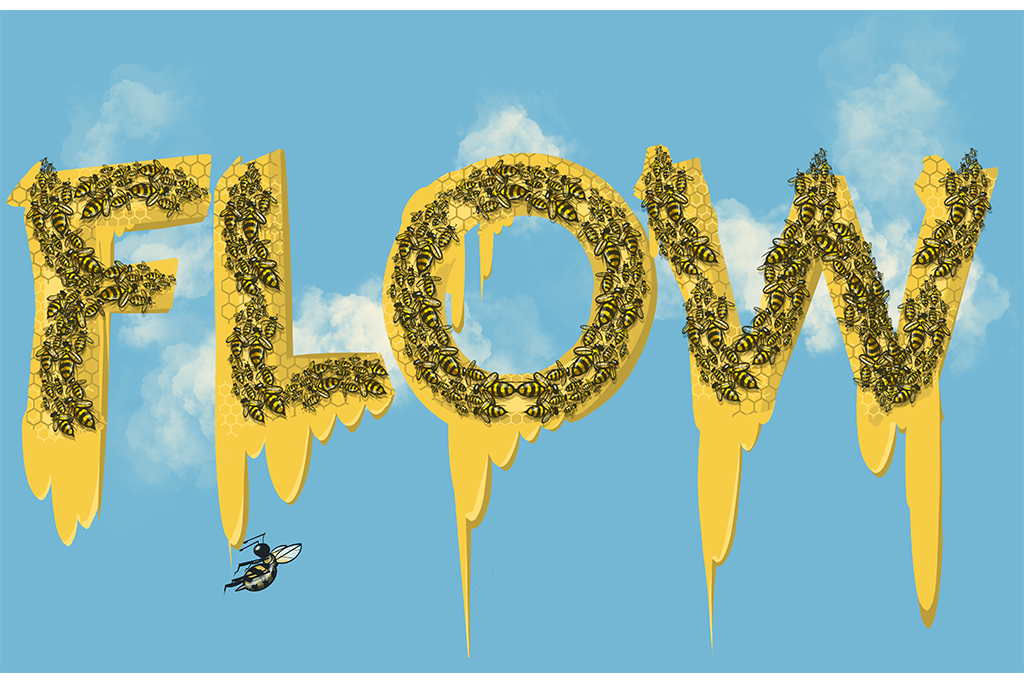 The word "FLOW" spelled out in bee-covered honeycomb.