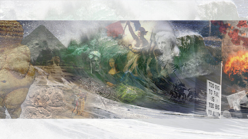 A collage that mixes images of waves with images from throughout world history.