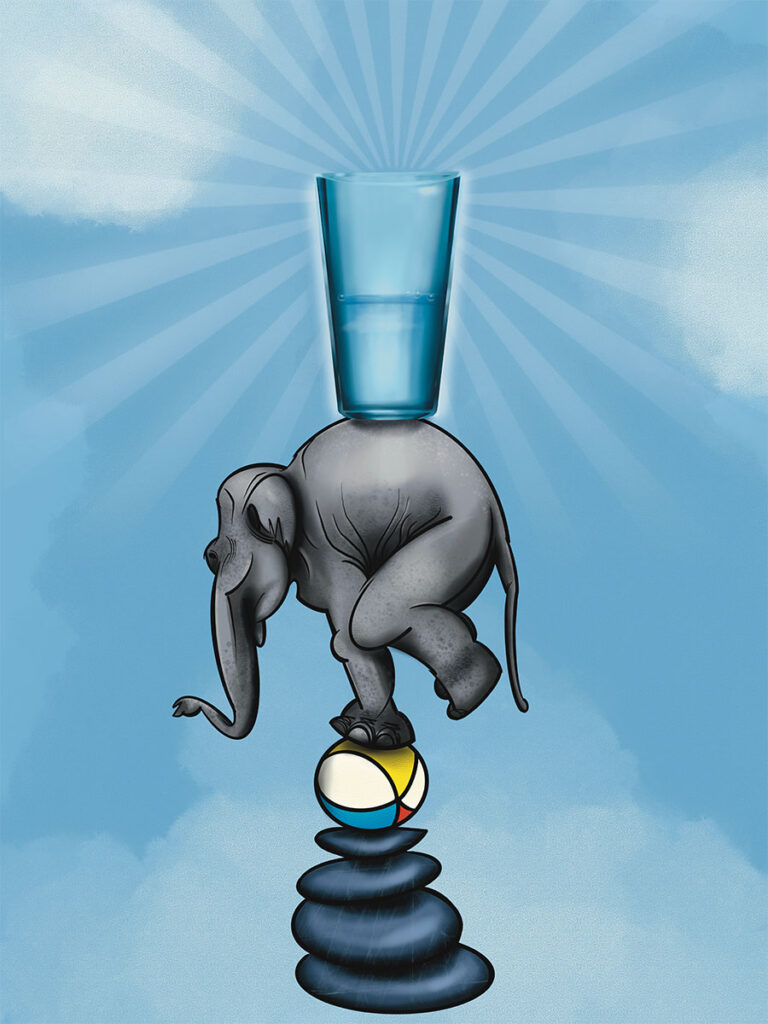 An image of a half-filled glass of water balancing on an elephant balancing on a beachball balancing on a pile of zen stones.